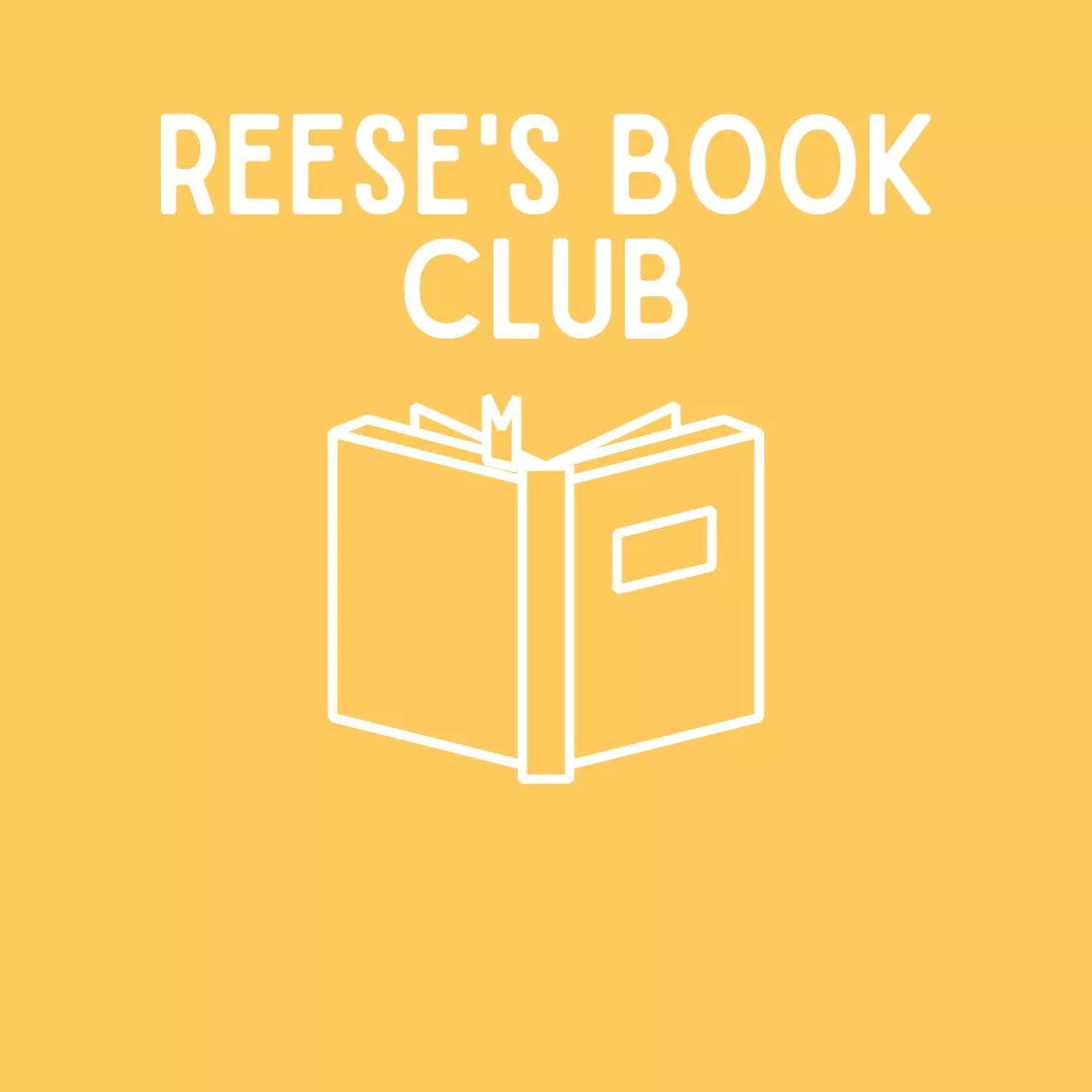 yellow square, white writing, Reese's Book Club 